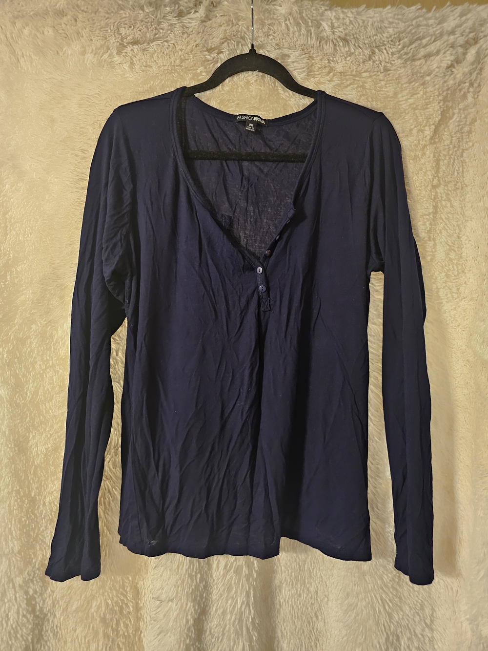 Fashion Nova Navy V-Neck Long Sleeve Henley Top